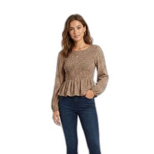 Urban Romantics Leopard Print Smocked Peplum Blouse Boho Chic Small